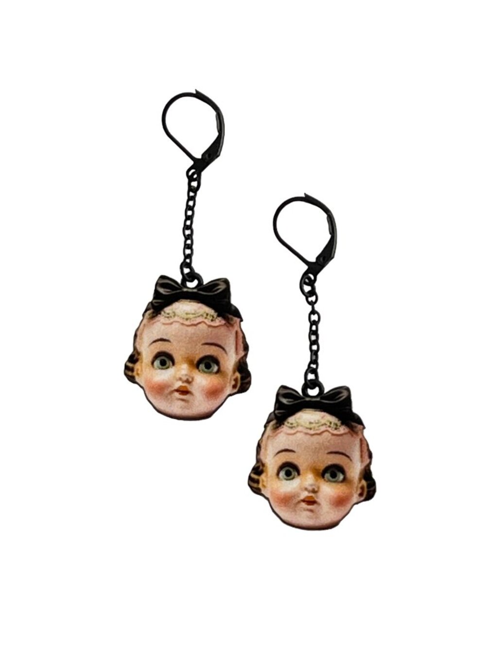 Vintage Doll Face Black Bows Wood Cutout Dangle Earrings Kitsch Creepy Cute